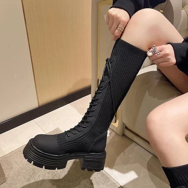 Chunky Platform Knitted Long Boots Women Autumn Thick Bottom Warm Sock Shoes Woman Lace Up Knee High Botas De Mujer 241212