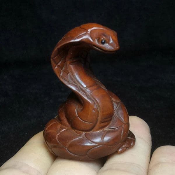 1919 Antique art Size 2 Inch Chinese Boxwood Wood Hand carved Snake Figure Statue Netsuke Desk Decoration Gift Collection 241212