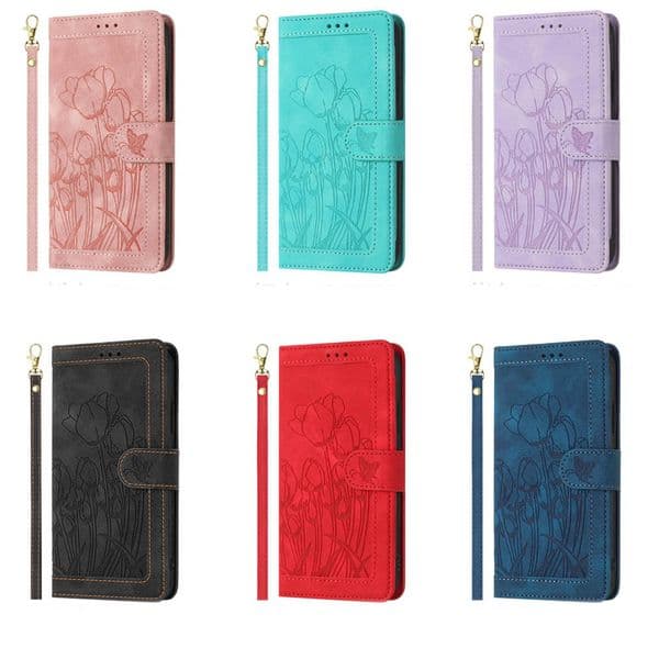 I17 Tulip Flower PU Leather Wallet CasesFor Iphone 17 16E 16 Plus 15 14 13 Pro Max 12 11 X XR XS MAX 8 7 6 Butterfly Floral 5 Credit ID Card Slot Flip Cover