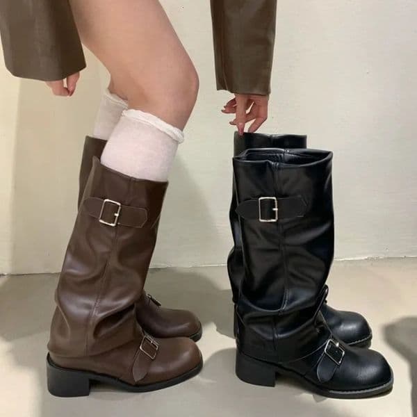 Womens boots knee high platform thick high heels trend punk gothic rock leather fashion womens shoes motorcycle shoes Q221 241213wwww