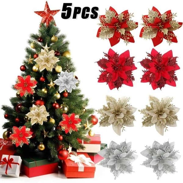 5PC Artificial Flowers Christmas Floral with Clips Xmas Tree Hanging Ornaments Fake Flower for New Year Party Decor GiftsXJ241212