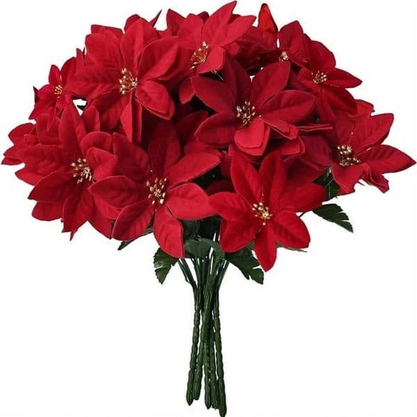 1pcs7 branchLarge Artificial Red Velvet Christmas Flowers Xmas Tree Silk Rose Heads Flower Bouquet Ornaments Wedding Party HomeXJ241212