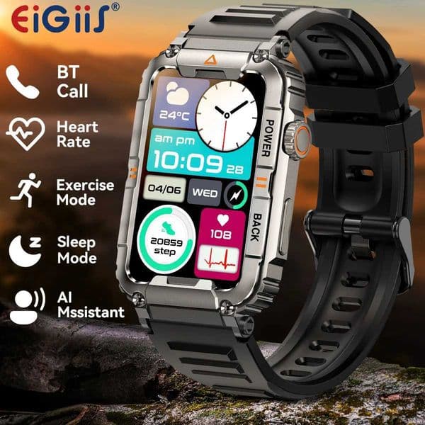 EIGIS New Military Smart Watch 100+Sports Mode Health Monitor BT Call IP67 Waterproof Mens iOS Android KR88 T241213