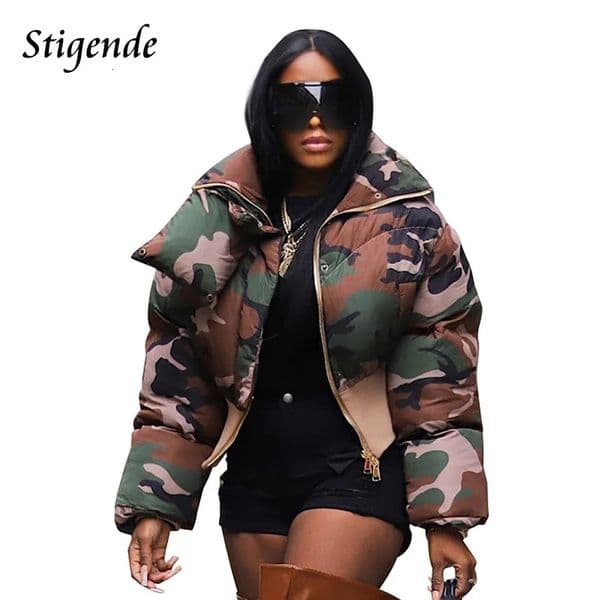 Stigende Camouflage Puffer Parka Jacket Women Elastic Waist Turtleneck Cropped Coat 241214