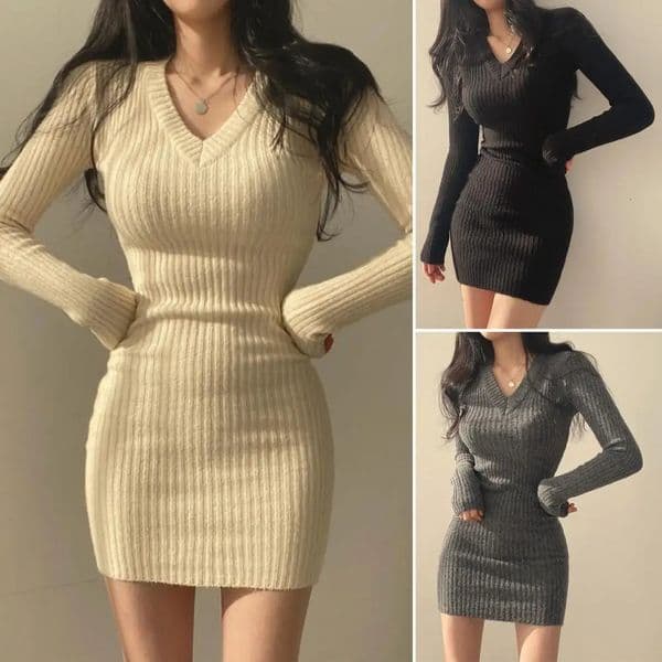 Womens Retro Knitted Mini Bodycon Dress Solid Color VNeck Long Sleeve Wrapped Hip Autumn Winter Slim Sweater 241212