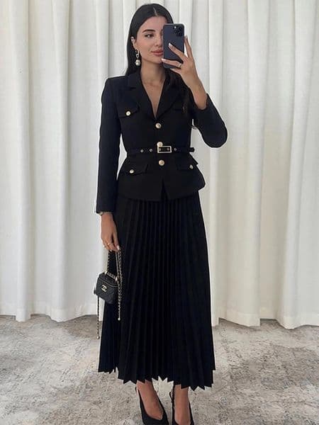 Long Dresses for Women Two Piece Dress Autumn Suit Collar Sleeve Pleated Skirt ALine Slim Belt Black Twopiece Set 241214