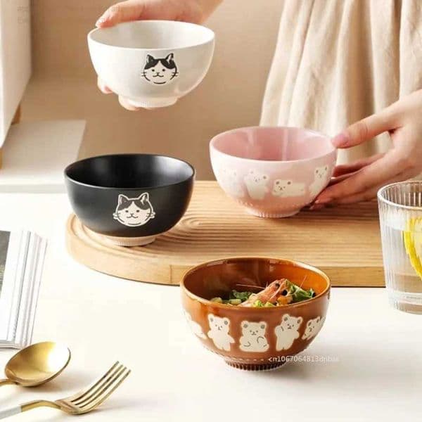 Korean Kawaii Bear Bowl Ceramic Kitten Rice Bowl Cartoon Cat Breakfast Oatmeal Milk Bowl Microwave Safe Household Cat PlateXJ241214