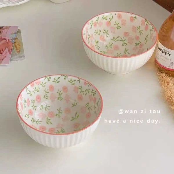 Korean Rice Bowl Plate Bowl Good-looking Instagram Mesh Red Ceramic Dessert Bowl Girl Heart Cute Spoon Dormitory Couple HomeXJ241214
