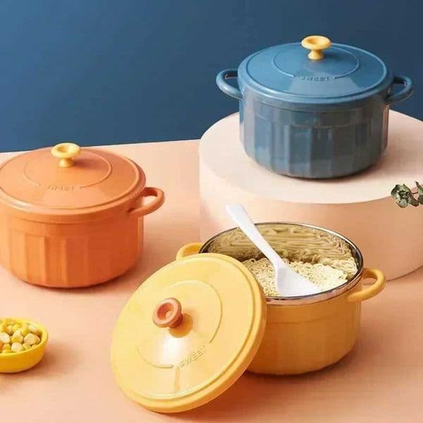 Kitchen Concise Solid Color Tableware Instant Ramen Bowl with Lid Spoon Cute Stainless Steel Large Capacity Salad Soup SetXJ241214