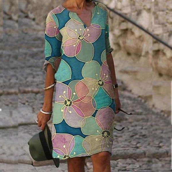 2020 summer print loose bamboo fiber en ral short sleeved women's retro artistic round neck five quarter sleeve 2024 new style chic and elegant clothing