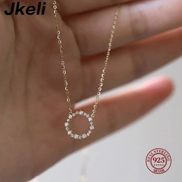 Jkeli -100% S925 Sterling Silver Plated 18K Gold Necklace with Full Diamond Circle Style Japanese and Korean K Gold Collar Chain 241216