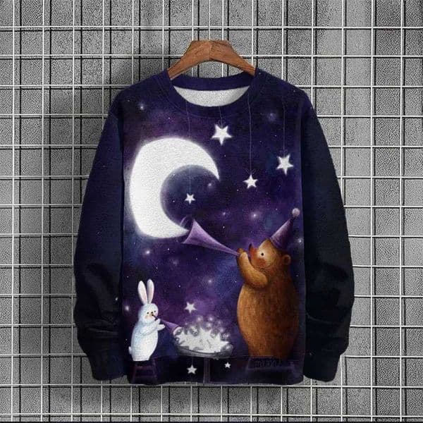 Stars Moon Pattern Hoodie For Men Cute Rabbit Bear 3D Printed Sweatshirt Autumn Long Sleeve Tops Loose O-Neck Hoodies PulloversXJ241216