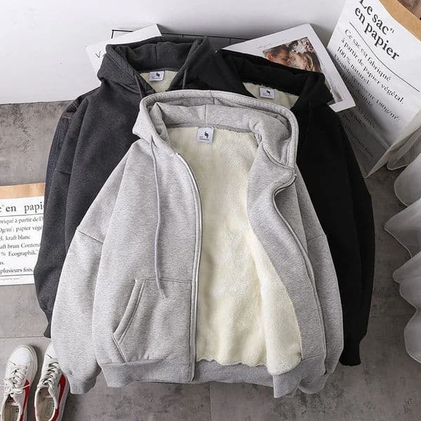 Ready Stock Womens Jacket Plush Jacket Solid Color Velvet Thick Warm Winter Hoodie Jacket Zipper Sportswear Top Winter Plus 241214