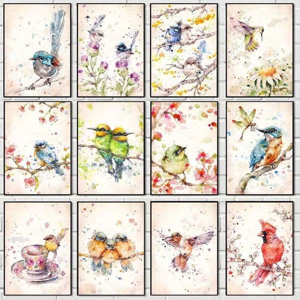 Watercolor Birds Sparrow Parrot Owl Wall Art Canvas Painting Nature Animal Poster and Print Picture for Living Room Home DecorXJ2411216