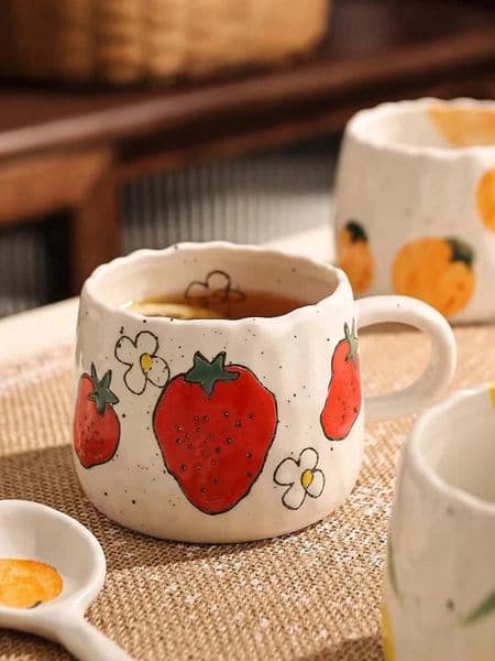 Hand drawn ceramic coffee cup with strawberry pattern perfect for home office event gifts and holiday gifts Halloween 241216