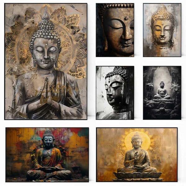 Abstract Meditating Buddha Statue Sitting Lotus Religious Poster Canvas Painting Wall Art Picture Modern Room Home Decor CuadrosXJ2411216