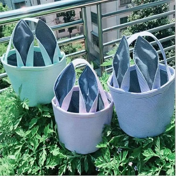 Easter Seersucker Festive Cute Bunny Ears Basket Easters Egg Storage Bucket Outdoor Portable Picnic Tote Bag In Stock NEW
