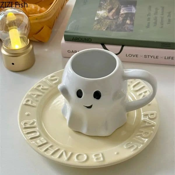 Cute Ghost Water Cup Creative Ceramic Mug Afternoon Tea Coffee Cup Breakfast Milk Cup Household Drinking Set Halloween Gift 241216
