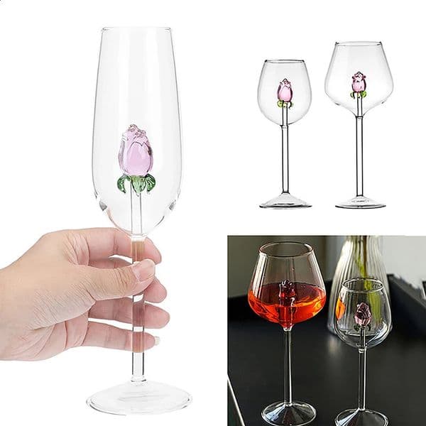 1*Rose Cocktail Glass Creative 3D Pink Glass Rose Built-in Wine Glass Goblet Champagne Home Cute Gift Rose Flower Cocktail Glass 241217