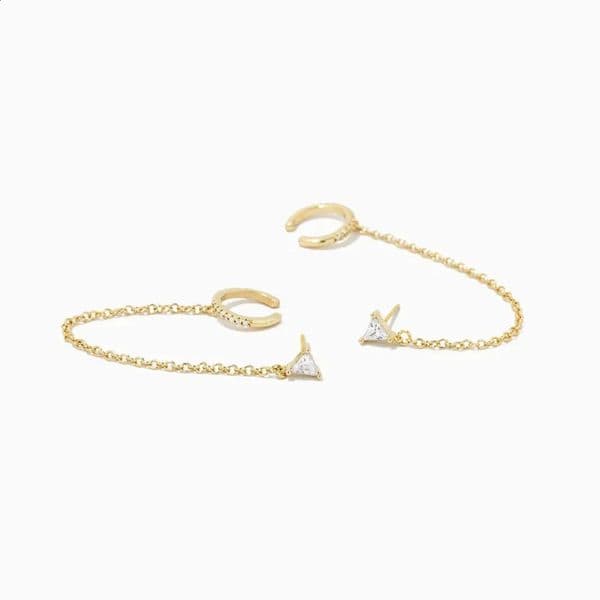 VAL 925 Sterling Silver Clear CZ Zircon Pave Ear Cuffs With Long Chain Tassel Triangle Crystal Piercing Studs For Women Jewelry 241214