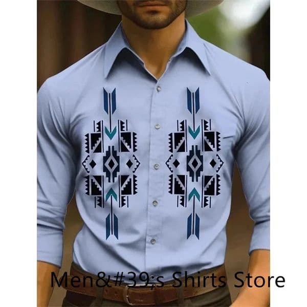 Vintage Mens Shirt 3D Printing Western Cowboy Shirt Casual Fashion Daily Vacation Long Sleeve Shirt Hawaiian Mens Clothing 241216