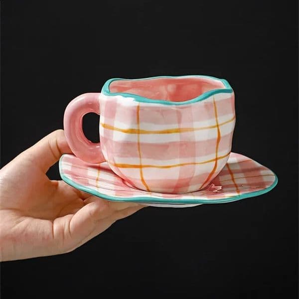 Hand drawn floral ceramic coffee cup office cup with sauce family breakfast milk juice tea handle cup gift microwave safe 241217