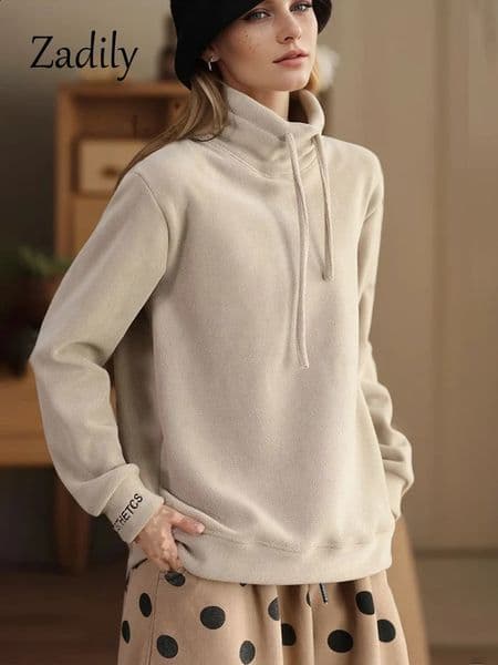 2024 Winter Casual Polar Wool Turtle Neck Womens Hoodie Solid Color Warm Pull Extremely Thick Coat 241211