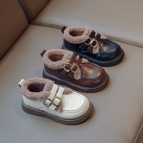 British Style Children Leather Shoes for Girls Winter Thick Soled Lamb Wool Warm Boys Uniform School Cotton Shoes Plush PU 241218