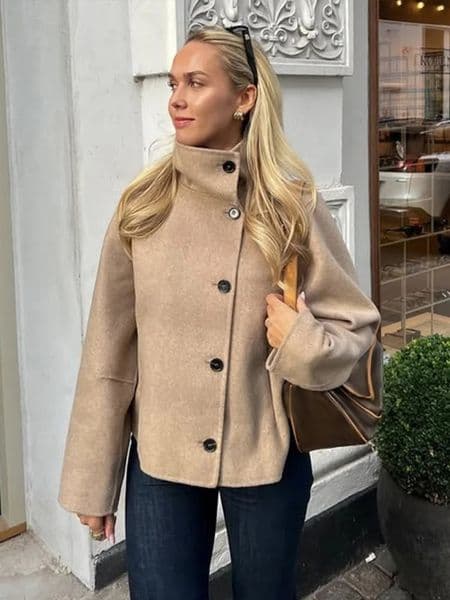 Wool single corset womens stand collar loose retro long sleeved business jacket 2024 autumn street top 241213Z
