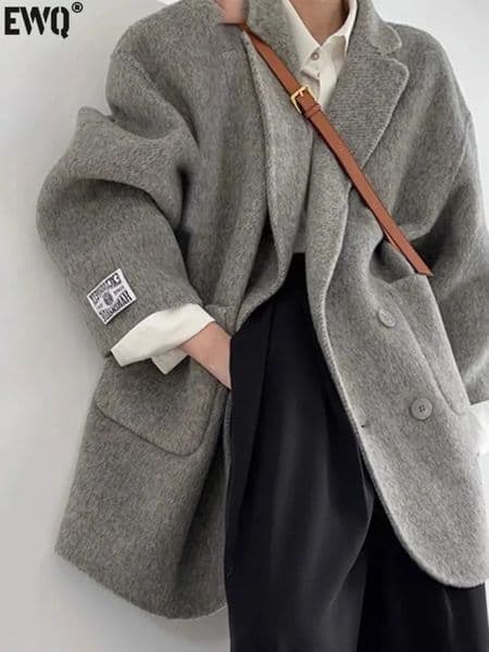 EWQ Korean Loose Long SleeveTurndown Collar Solid Woolen Coats Women Doublefaced Cashmere Coat Winter Autumn 16O1639 241216