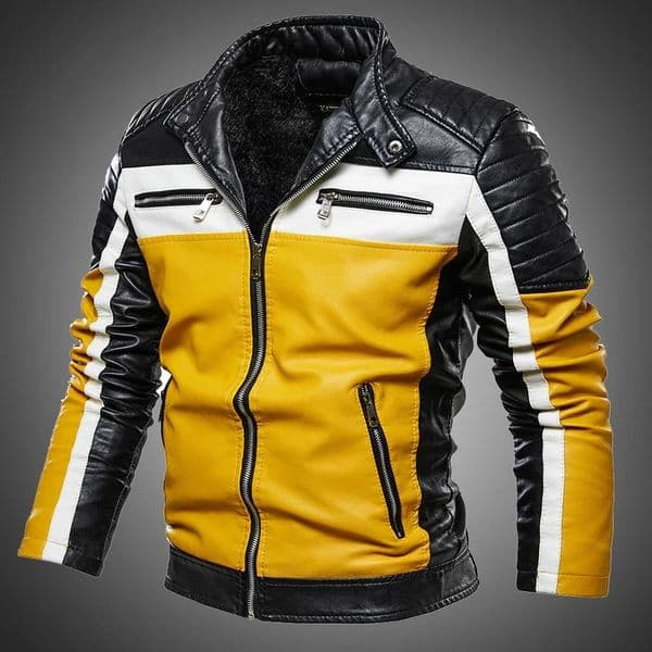 Mens yellow PU leather jacket spliced work bike casual zipper mens motorcycle ultrathin fit fur lined 241211