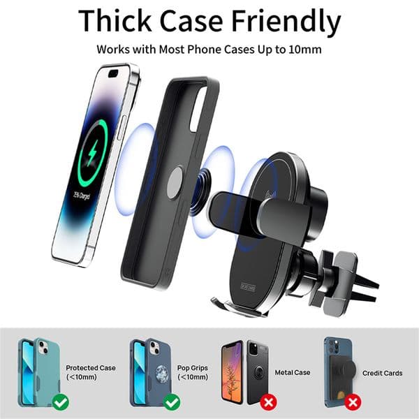 KPON Wireless Car Charger Car Phone Holder Stand 2025 Air Vent Mount fast charging 360 Rotate Thick Case Auto 15W for iPhone Samsung