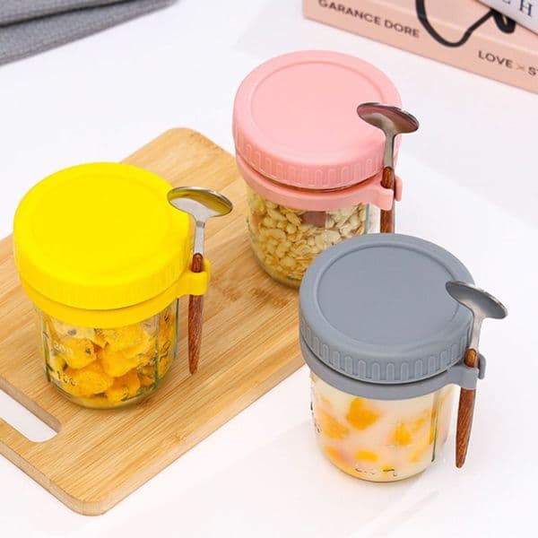Measurement Marks Heat-resistant Glass Overnight Oats Cup with Lids Large Capacity Cereal Storage Jars 16 oz Mason Jar
