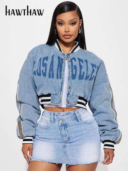 Hawthaw Women 2024 Autumn Winter Long Sleeve Streetwear Letter Print Denim Hoodie Coat Jacket Tops Wholesale Items For Business