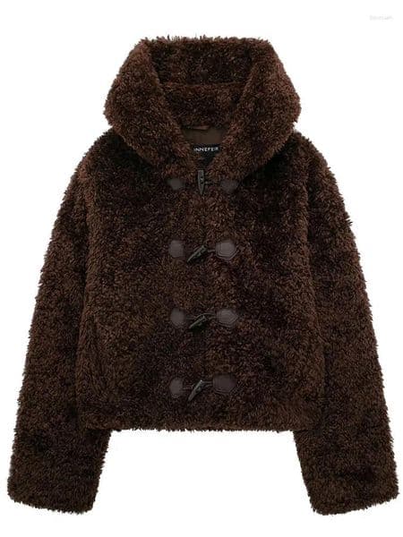 Women's Jackets Mumaroho Winter Autumn 2024 Women Fur Teddy Jacket Solid Brown Long Sleeve Tops Outwear Coat For With Hooded