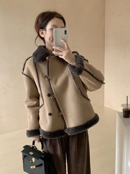 Korean fur integrated suede lamb wool locomotive clothing autumn and winter short jacket womens coat 241218