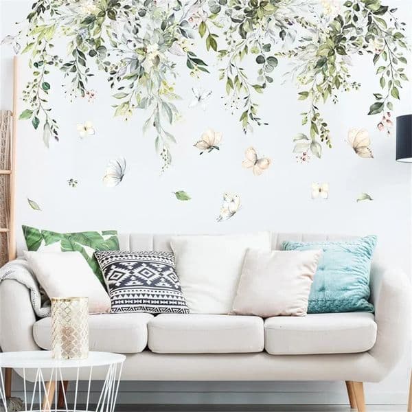 Green Leaf Butterfly Ivy Plant Wall Sticker Kids Room Nursery Art Mural Self-adhesive Bedroom Living Entrance Wall Decal Decor 241223