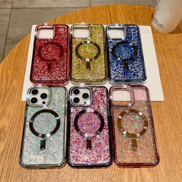 Magnet Wireless Charging Cases For Iphone 17 Air 16 15 Plus 14 Pro Max 13 12 Luxury Foil Bling Glitter Diamond Sequins Confetti Magnetic Chromed Plating Soft