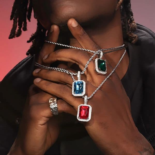 Hip Hop Iced Out Mens Pendant Necklace Shiny Colorful Zirconia Stainless Steel Rope Chain Necklace Rap Singer Jewelry 241223