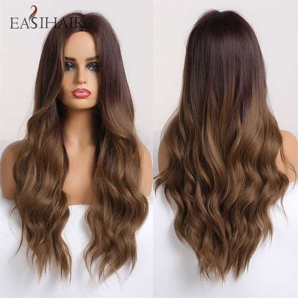 Synthetic Wigs Easihair Long Wavy Brown Ombre Synthetic Wigs for Women Middle Part Wave Natural Hair Heat Resistant Daily Wig 230227 Hair Wigs