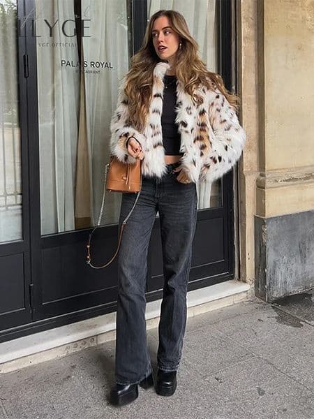 Leopard Faux Fur Short Coat Women Autumn Winter Plush Stand Collar Panelled Jacket Female Warm Stylish Outerwear Lady Casual 241223
