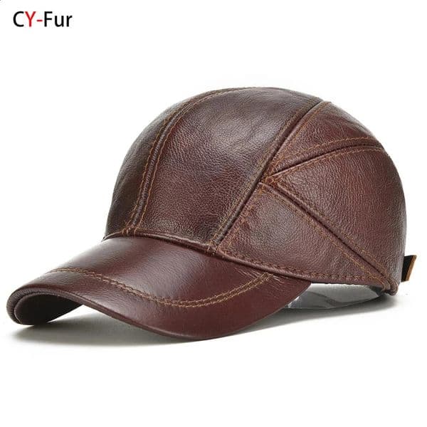 Style Casual Real Leather Earflap Cap Men Real Cowhide Leather Caps Male Fall Winter Genuine Real Cow Leather Baseball Hats 241227