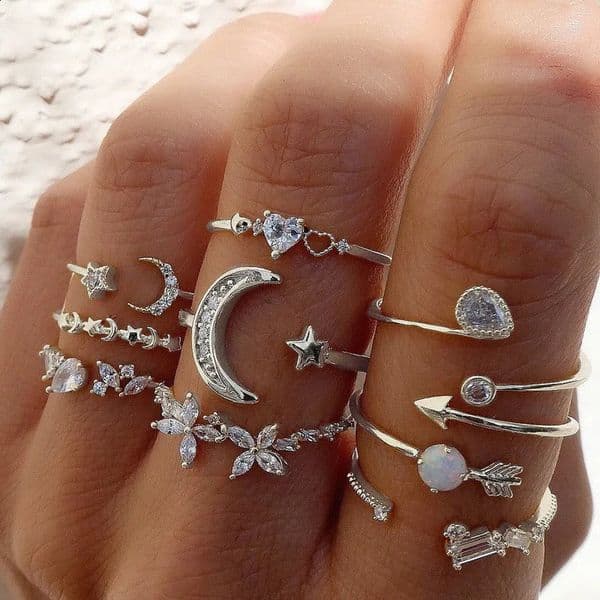 Silver Color Crystal Rings Set for Women Cubic Zirconia Moon Flower Heart Finger Wedding Female Fashion Jewelry 241225