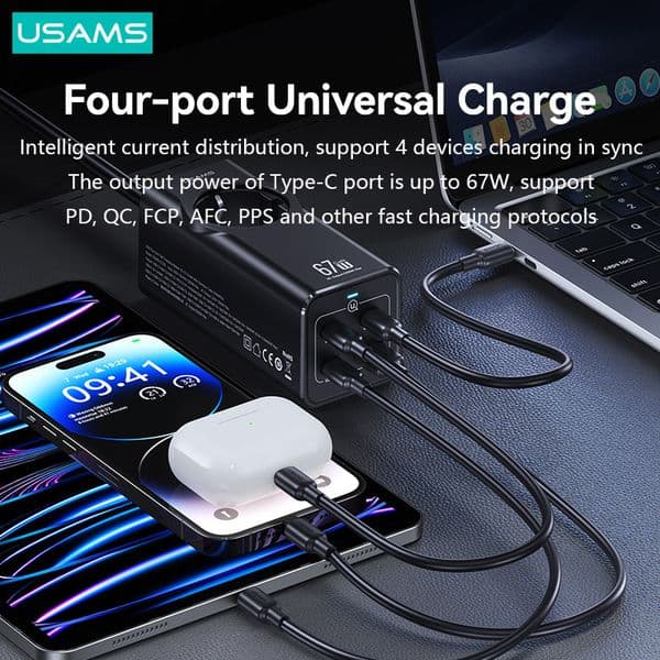 USAMS 67W GaN Charger Desktop Fast Charger USB Type C Laptop Charger 5in1 Power Strip Adapter for 2025 iPhone 15 14 13 Xiaomi Samsung