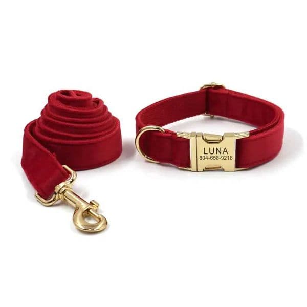 Personalized Dog Custom Free Engraving ID Name Tag Pet Accessory Red Velvet Fiber Puppy Collar LeashXJ241230
