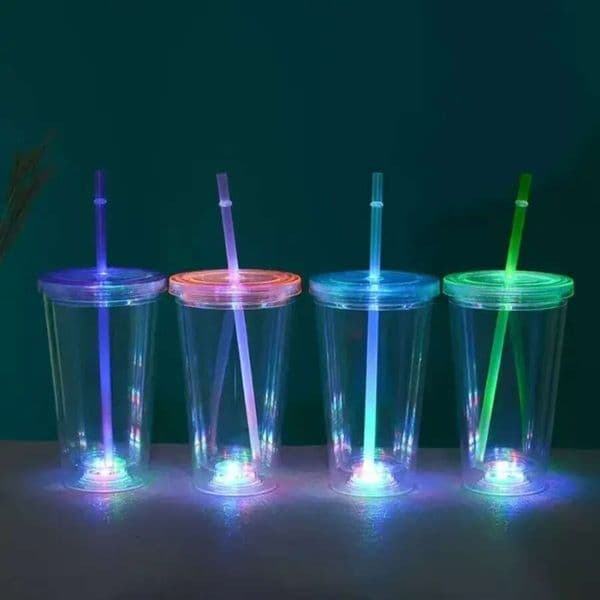 LED 16Oz Acrylic Light-Up Flashing With Lid And Straws Snow Globe Tumbler Double Wall Clear Plastic Tumblers 4.23 S