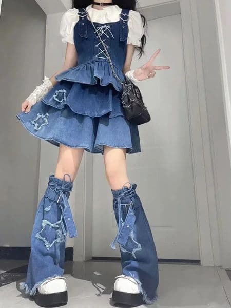 Puff Sleeve White Shirts Women Summer Sexy Gradient Blue Denim Strap Dress Leg Warmer Y2k E-Girl Three Piece Sets 240701