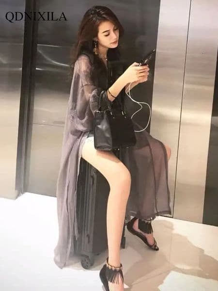 2023 Summer Midlength Womens Shirts and Blouses Fashion Sunscreen Clothing Thin Cardigan Chiffon Beach Top Oversized 240627