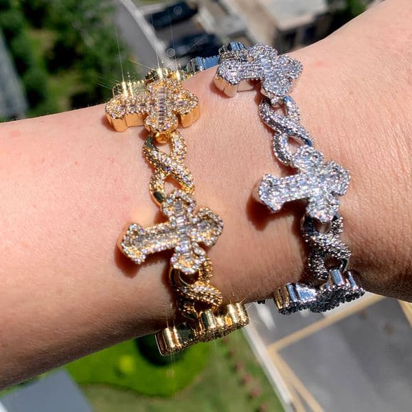 Charm Bracelets New Inifinity Link Chain Bracelet Micro Pave Bling CZ Cross Prong Setting 5A Cubic Zirconia Hip Hop Fashion Jewelry Women Men