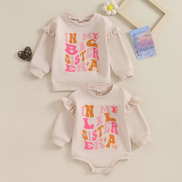 Lioraitiin Kids Toddler Baby Girl Spring Outfits Big Sister Era Print Sweatshirt Ruffle Long Sleeve Pullover Shirt Tops 240703c